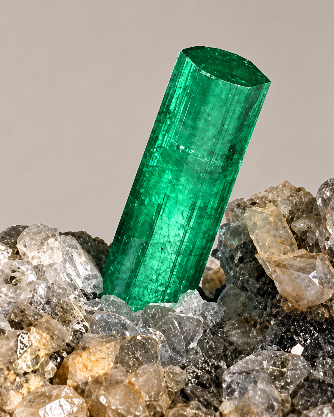 Grand cristal vert sur gangue minérale
